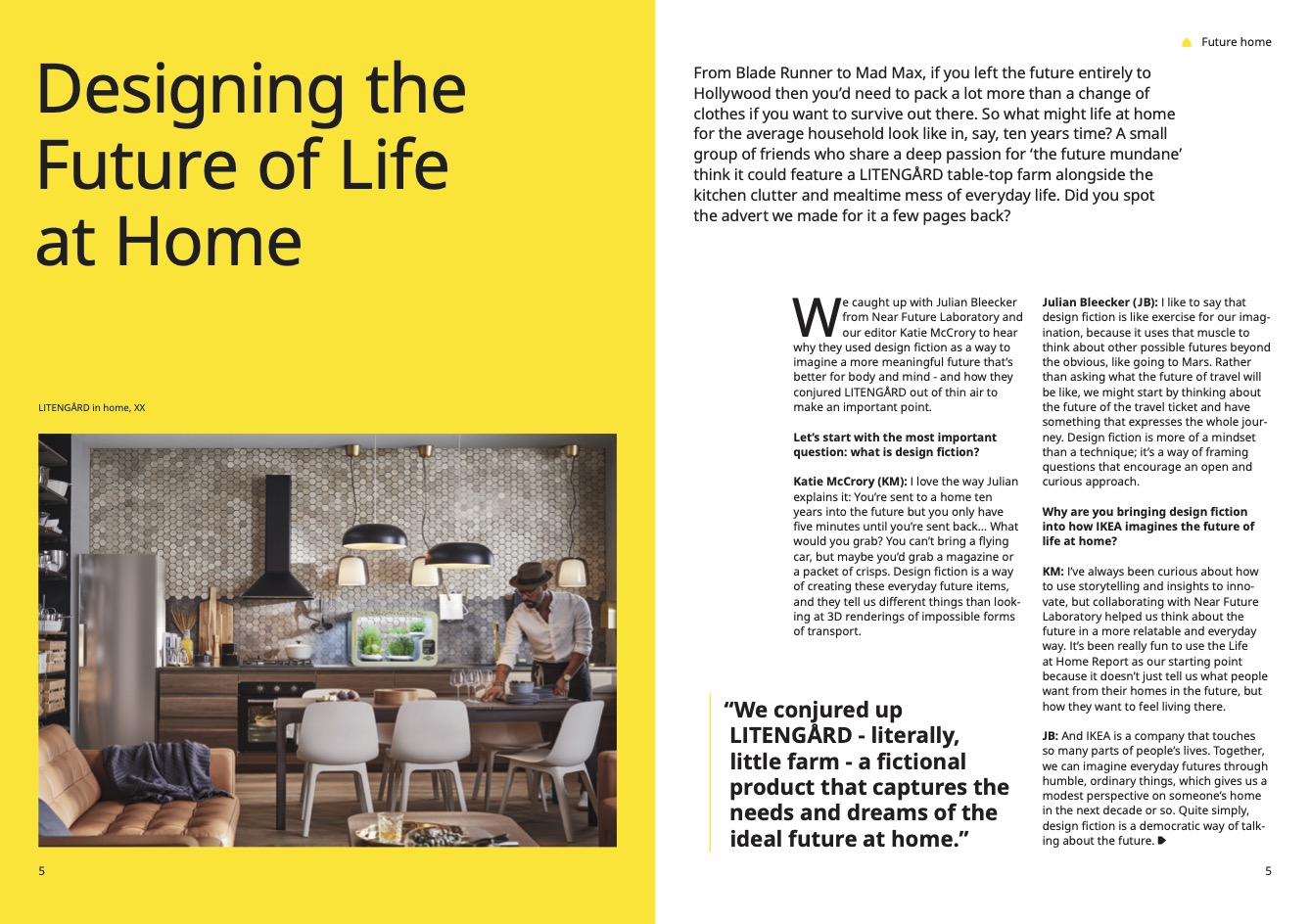 A spread from Ikea Life at Home Report Magazine featuring a conversation between Julian Bleecker and Katie McCrory about Design Fiction
