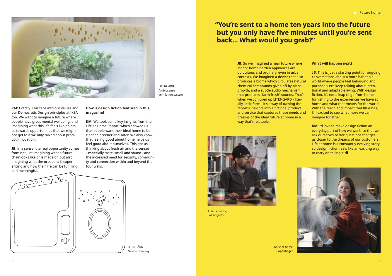 A spread from Ikea Life at Home Report Magazine featuring a conversation between Julian Bleecker and Katie McCrory about Design Fiction